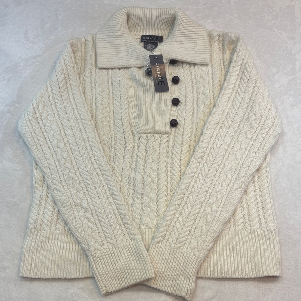 Chaps Ivory Cable Knit Sweater with Button Accents